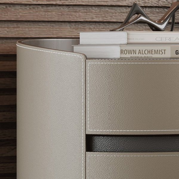 Modern Minimalist Round Cylinder Wood Saddle Leather Nightstand 2-Drawer For Bedroom - Image 5