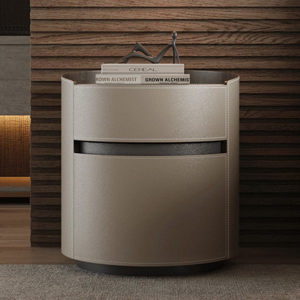 Modern Minimalist Round Cylinder Wood Saddle Leather Nightstand 2-Drawer For Bedroom - Image 2
