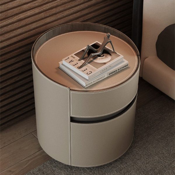 Modern Minimalist Round Cylinder Wood Saddle Leather Nightstand 2-Drawer For Bedroom - Image 11
