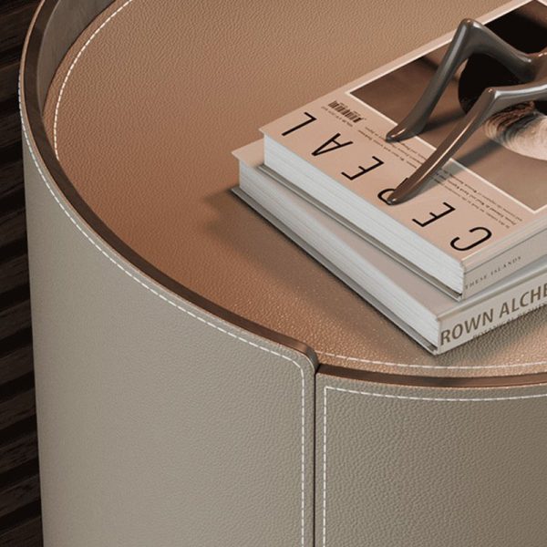 Modern Minimalist Round Cylinder Wood Saddle Leather Nightstand 2-Drawer For Bedroom - Image 6