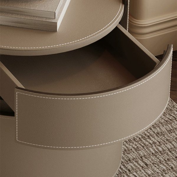 Modern Minimalist Round Cylinder Wood Saddle Leather Nightstand 2-Drawer For Bedroom - Image 7