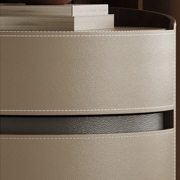 Modern Minimalist Round Cylinder Wood Saddle Leather Nightstand 2-Drawer For Bedroom - Image 8