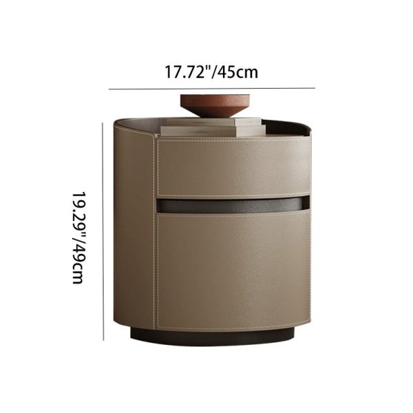Modern Minimalist Round Cylinder Wood Saddle Leather Nightstand 2-Drawer For Bedroom - Image 4