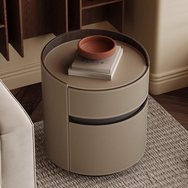 Modern Minimalist Round Cylinder Wood Saddle Leather Nightstand 2-Drawer For Bedroom - Image 12
