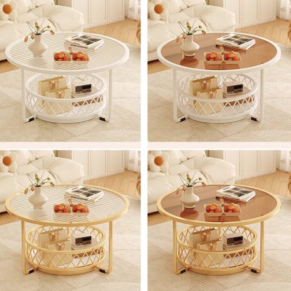 Modern Minimalist Round Tabletop Tempered Glass Iron Coffee Table 1-Shelf For Living Room - Image 6