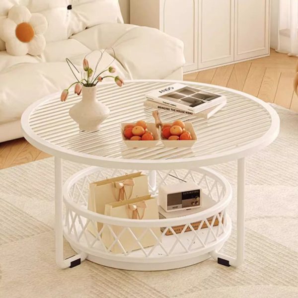 Modern Minimalist Round Tabletop Tempered Glass Iron Coffee Table 1-Shelf For Living Room - Image 9