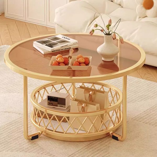 Modern Minimalist Round Tabletop Tempered Glass Iron Coffee Table 1-Shelf For Living Room - Image 12