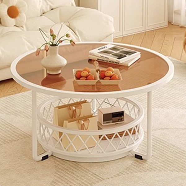Modern Minimalist Round Tabletop Tempered Glass Iron Coffee Table 1-Shelf For Living Room - Image 2