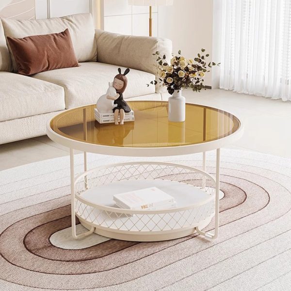 Modern Minimalist Round Tabletop Tempered Glass Iron Coffee Table 1-Shelf For Living Room - Image 10