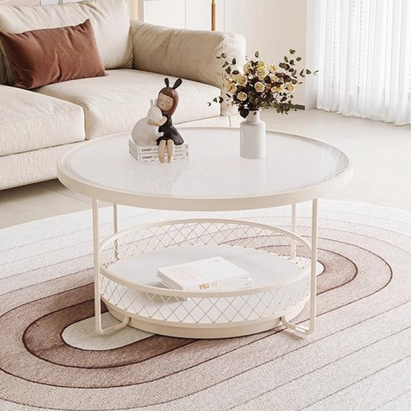 Modern Minimalist Round Tabletop Tempered Glass Iron Coffee Table 1-Shelf For Living Room - Image 11