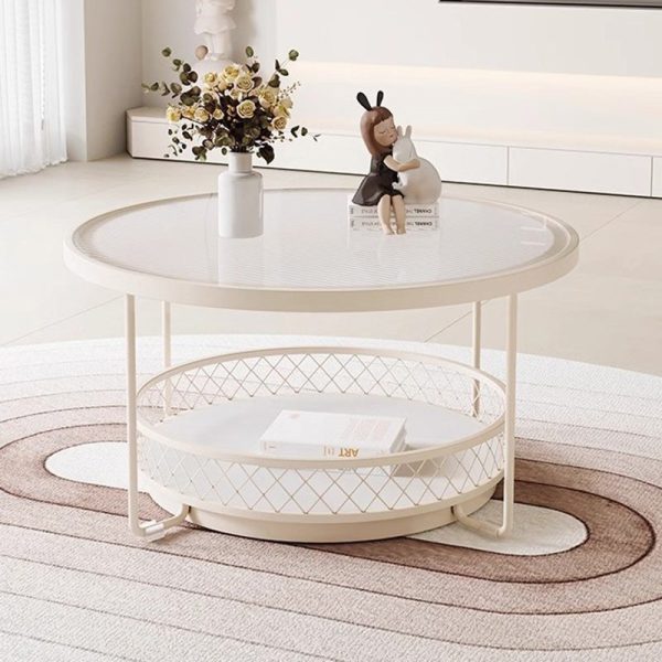 Modern Minimalist Round Tabletop Tempered Glass Iron Coffee Table 1-Shelf For Living Room - Image 13