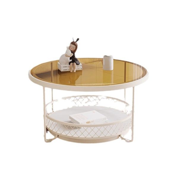 Modern Minimalist Round Tabletop Tempered Glass Iron Coffee Table 1-Shelf For Living Room - Image 15