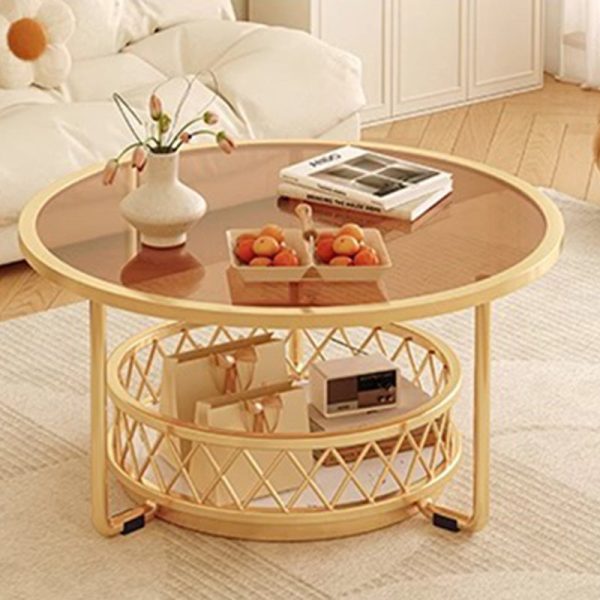 Modern Minimalist Round Tabletop Tempered Glass Iron Coffee Table 1-Shelf For Living Room - Image 8