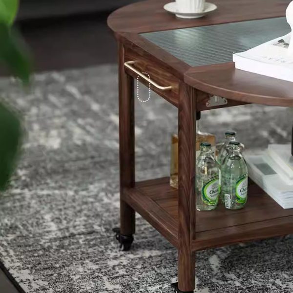 Modern Minimalist Oval Tabletop Solid Wood Metal Glass Side Table 1-Drawer For Living Room - Image 7