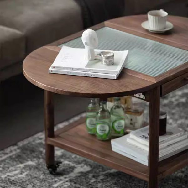 Modern Minimalist Oval Tabletop Solid Wood Metal Glass Side Table 1-Drawer For Living Room - Image 15