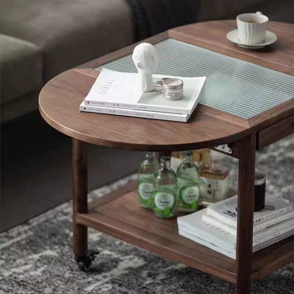 Modern Minimalist Oval Tabletop Solid Wood Metal Glass Side Table 1-Drawer For Living Room - Image 22