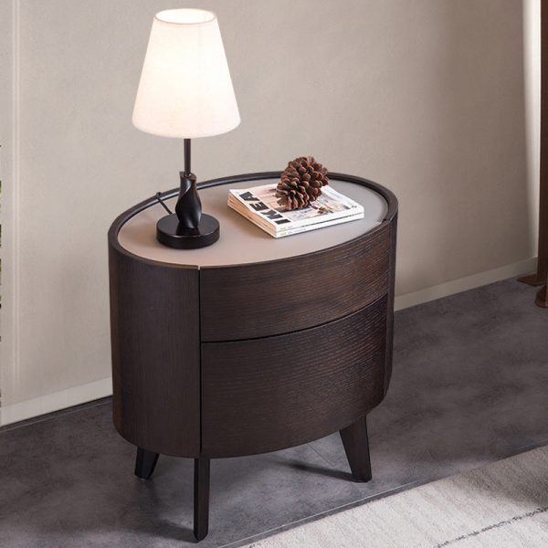 Modern Luxury Oval Solid Wood Glass Rock Slab Nightstand 2-Drawer For Bedroom