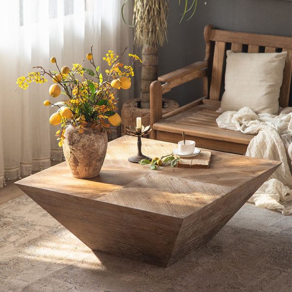 Traditional Vintage Square Tabletop Cedarwood Coffee Table For Living Room - Image 3