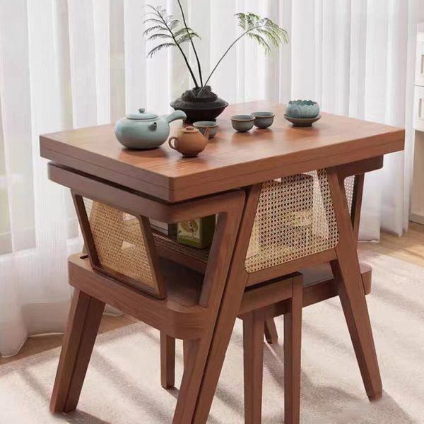 Contemporary Scandinavian Rectangular Tabletop Solid Wood Rattan Coffee Table 1-Shelf For Living Room - Image 6