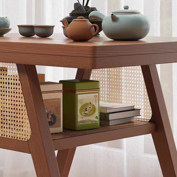Contemporary Scandinavian Rectangular Tabletop Solid Wood Rattan Coffee Table 1-Shelf For Living Room - Image 9