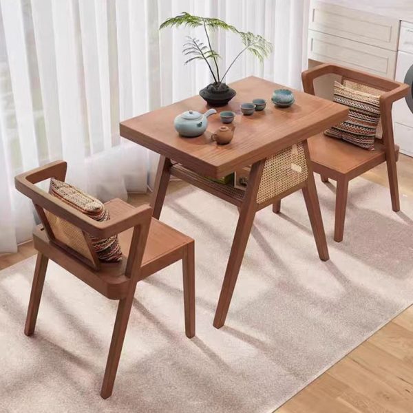 Contemporary Scandinavian Rectangular Tabletop Solid Wood Rattan Coffee Table 1-Shelf For Living Room - Image 20