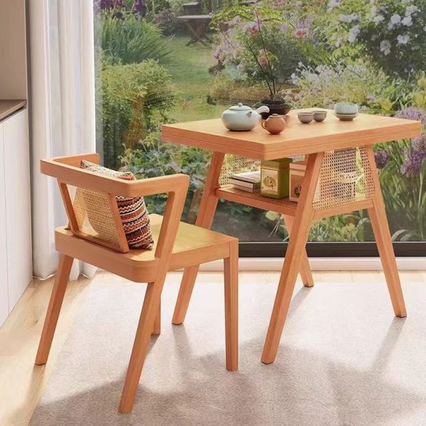 Contemporary Scandinavian Rectangular Tabletop Solid Wood Rattan Coffee Table 1-Shelf For Living Room - Image 21