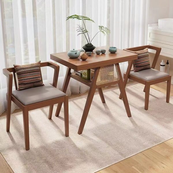 Contemporary Scandinavian Rectangular Tabletop Solid Wood Rattan Coffee Table 1-Shelf For Living Room - Image 26