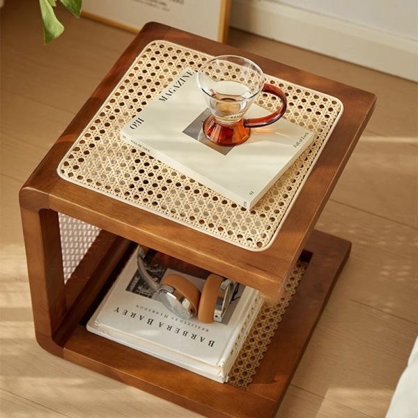 Traditional Vintage Square Rubberwood Rattan Side Table For Living Room - Image 11