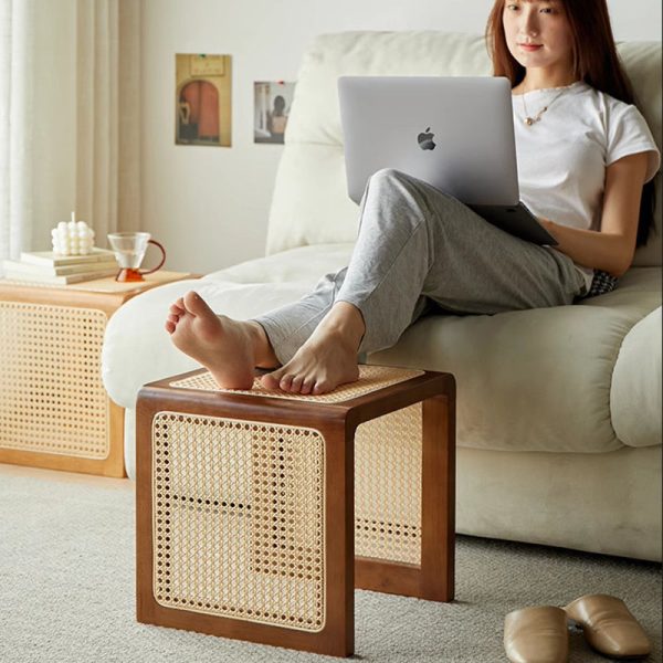 Traditional Vintage Square Rubberwood Rattan Side Table For Living Room - Image 6