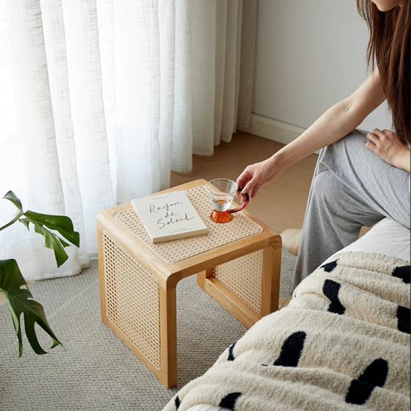 Traditional Vintage Square Rubberwood Rattan Side Table For Living Room - Image 8
