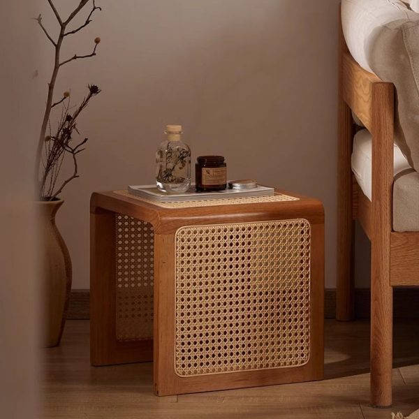 Traditional Vintage Square Rubberwood Rattan Side Table For Living Room - Image 12