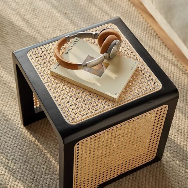 Traditional Vintage Square Rubberwood Rattan Side Table For Living Room - Image 14