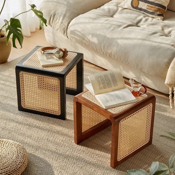 Traditional Vintage Square Rubberwood Rattan Side Table For Living Room - Image 15