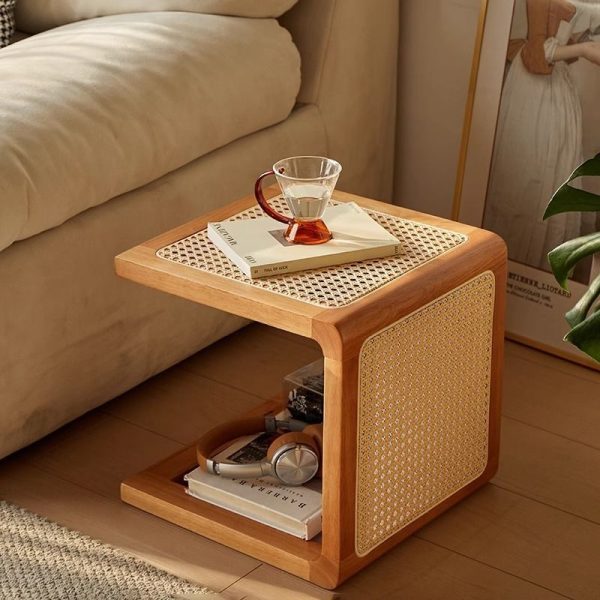 Traditional Vintage Square Rubberwood Rattan Side Table For Living Room - Image 13