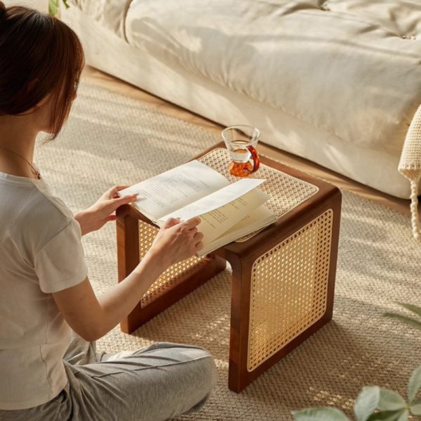 Traditional Vintage Square Rubberwood Rattan Side Table For Living Room - Image 9
