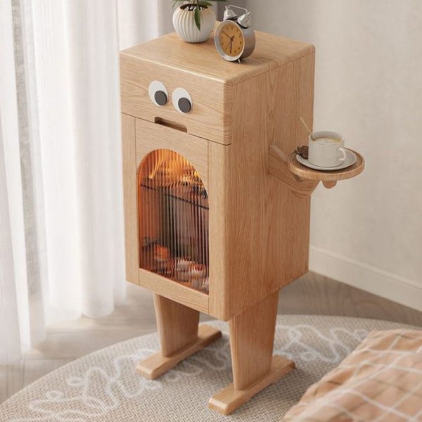 Contemporary Creative Robot Square Rubberwood Glass Metal Nightstand 1-Cabinet For Bedroom - Image 3