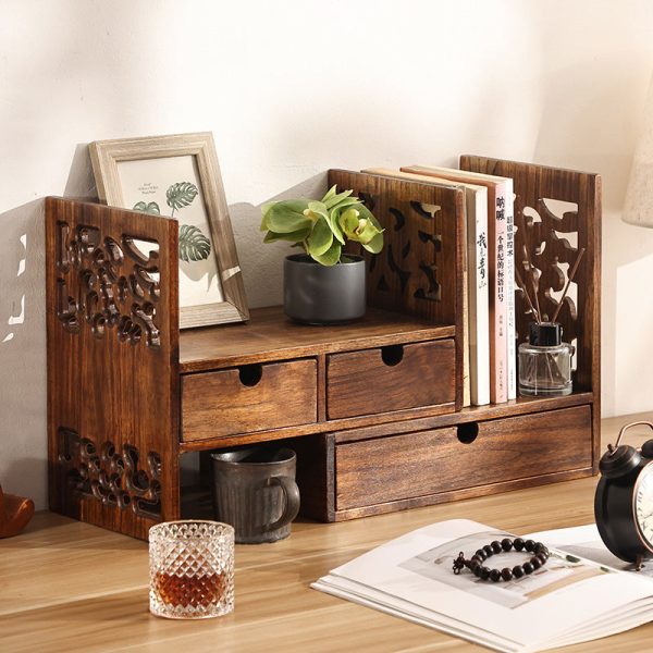 Traditional Vintage Rectangular Teak Bookshelf 4-Drawer For Home Office - Image 14