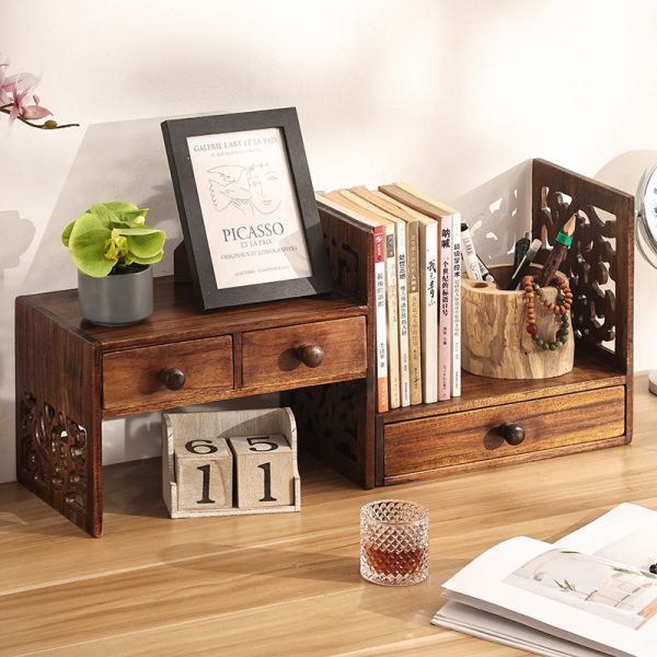 Traditional Vintage Rectangular Teak Bookshelf 4-Drawer For Home Office - Image 15