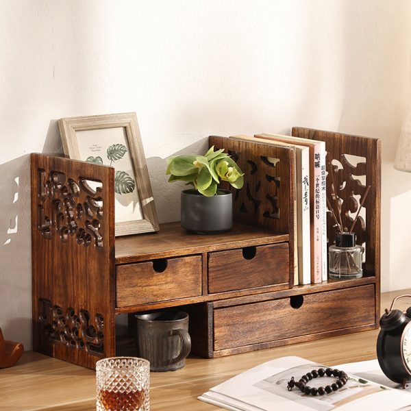 Traditional Vintage Rectangular Teak Bookshelf 4-Drawer For Home Office - Image 2