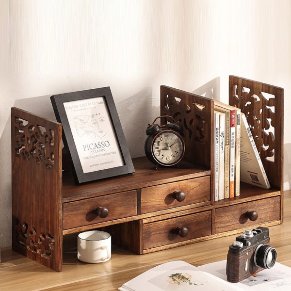 Traditional Vintage Rectangular Teak Bookshelf 4-Drawer For Home Office - Image 8