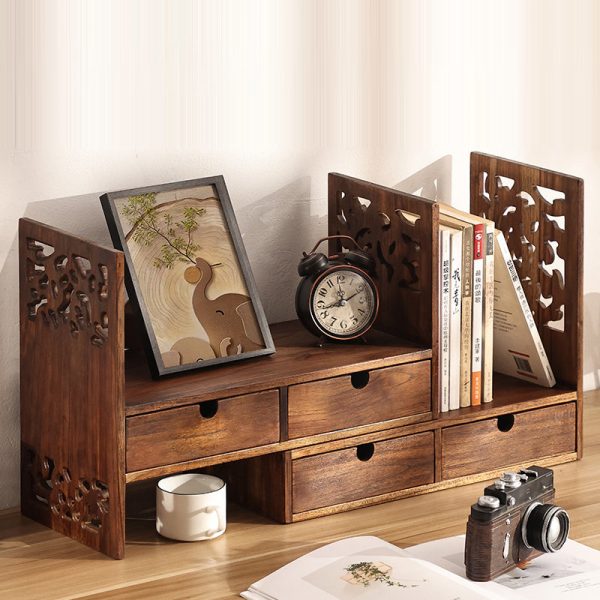 Traditional Vintage Rectangular Teak Bookshelf 4-Drawer For Home Office - Image 9