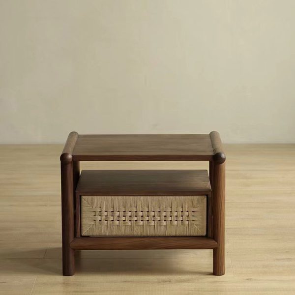 Traditional Japanese Rectangular Black Walnut Rattan Nightstand 1-Drawer For Bedroom - Image 15