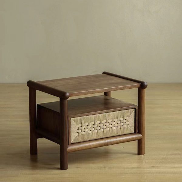 Traditional Japanese Rectangular Black Walnut Rattan Nightstand 1-Drawer For Bedroom - Image 16