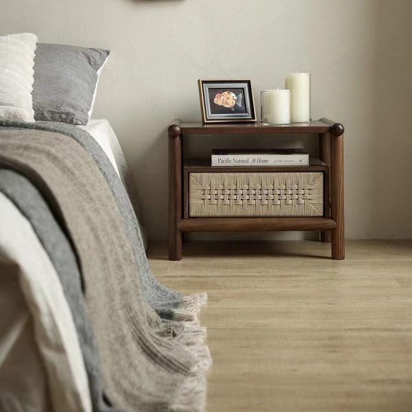 Traditional Japanese Rectangular Black Walnut Rattan Nightstand 1-Drawer For Bedroom - Image 12