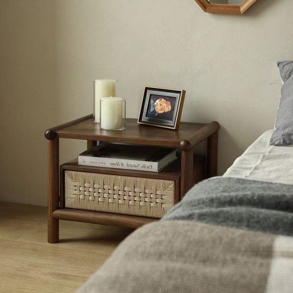 Traditional Japanese Rectangular Black Walnut Rattan Nightstand 1-Drawer For Bedroom - Image 13