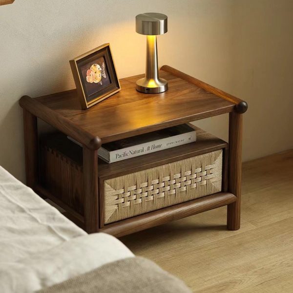 Traditional Japanese Rectangular Black Walnut Rattan Nightstand 1-Drawer For Bedroom - Image 14