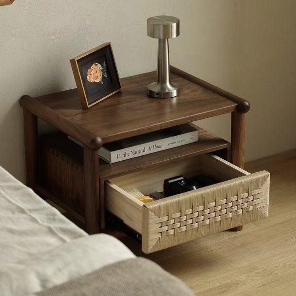 Traditional Japanese Rectangular Black Walnut Rattan Nightstand 1-Drawer For Bedroom - Image 3