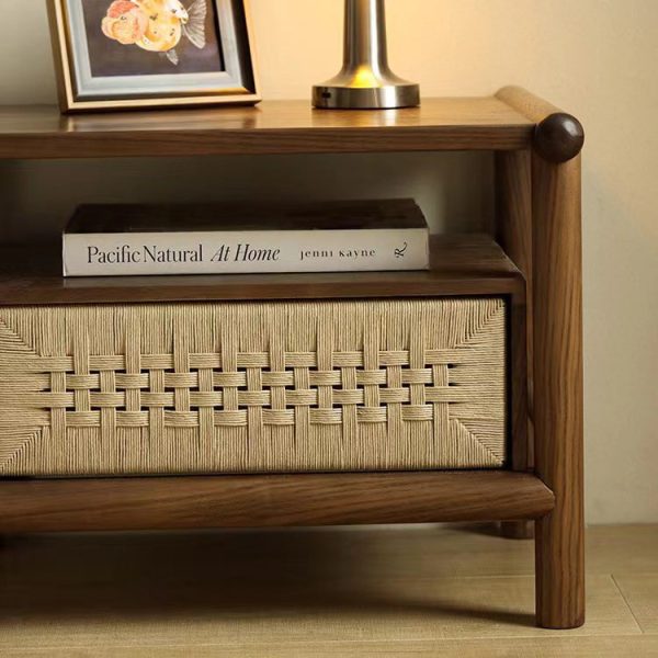 Traditional Japanese Rectangular Black Walnut Rattan Nightstand 1-Drawer For Bedroom - Image 5