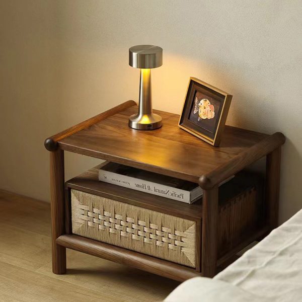 Traditional Japanese Rectangular Black Walnut Rattan Nightstand 1-Drawer For Bedroom - Image 2