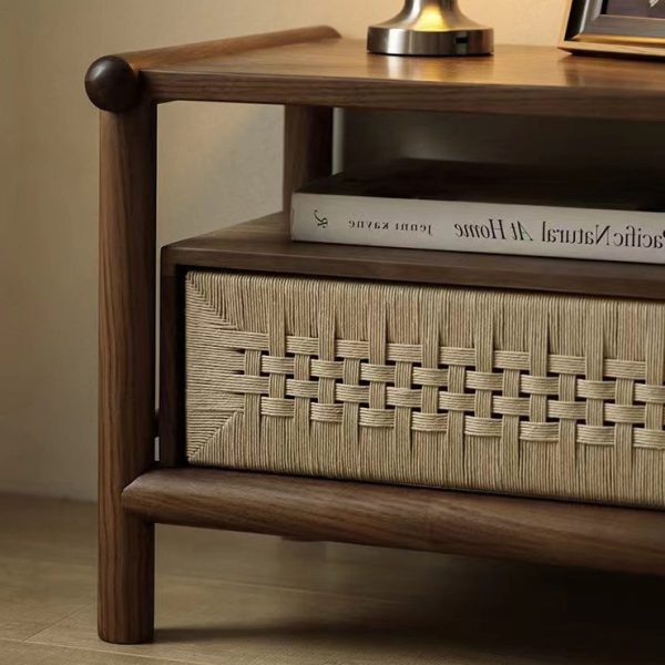 Traditional Japanese Rectangular Black Walnut Rattan Nightstand 1-Drawer For Bedroom - Image 6